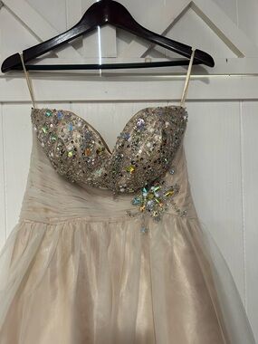 Strapless Champagne Sequin Tulle Dress with Crystal Accents